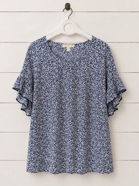 Michael Kors Navy and White Floral Ruffle Sleeve Blouse
